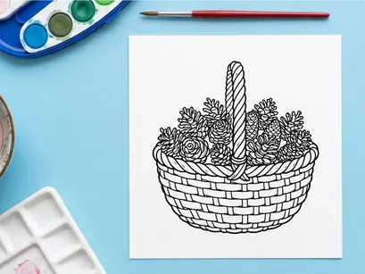 Line Art Illustration of a Wicker Basket Filled with Pine Cones