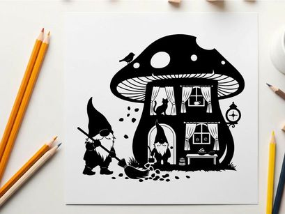 Whimsical silhouette of a gnome near a fantastical mushroom house