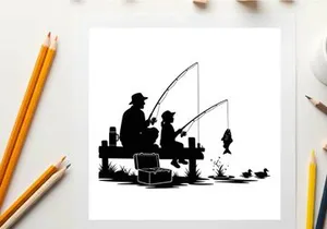 Silhouette of a man and boy fishing together on a pier
