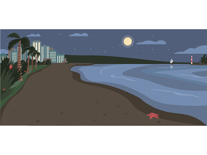 Sandy beach at night time flat color vector illustration