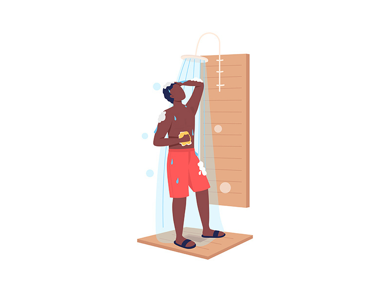 Boy taking shower semi flat color vector character