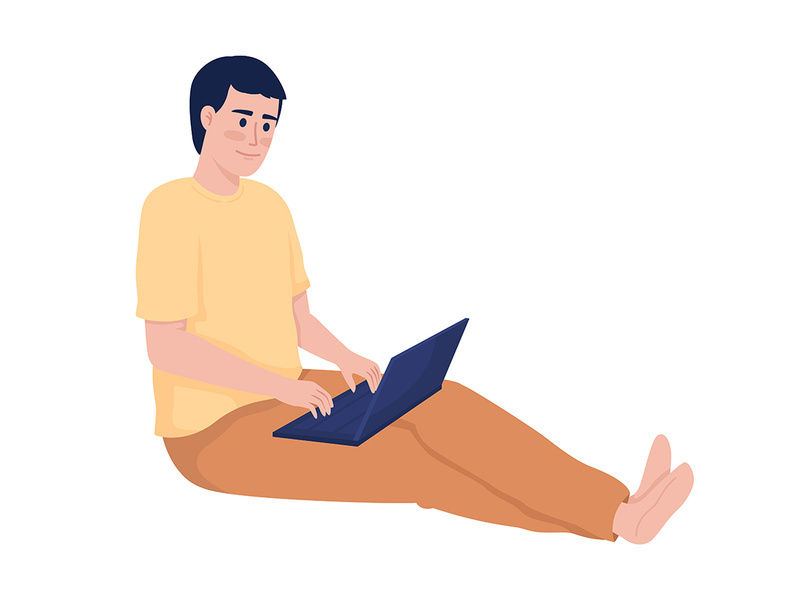 Smiling man with laptop semi flat color vector character