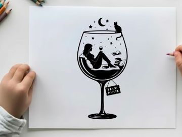 Silhouette of woman relaxing in wine glass under starry night preview picture