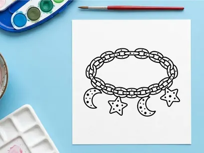 Hand-drawn Halloween charm bracelet with stars and moons. Whimsical festive jewelry featuring celestial and spooky motifs for seasonal accessories.
