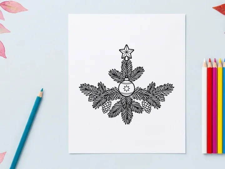 Hand-drawn Christmas wreath with star and pinecones for festive holiday decor and greeting cards