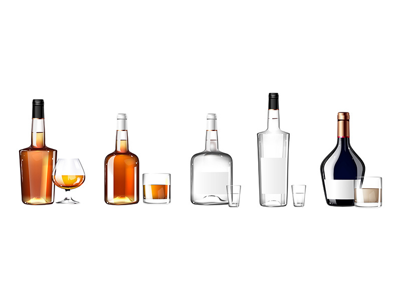 Alcohol in glass bottles with cups realistic product vector designs set