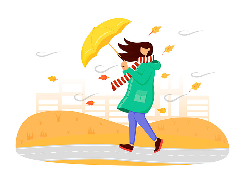 Woman in green raincoat flat color vector faceless character