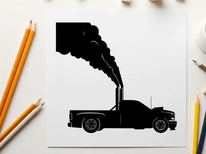 Silhouette of a pickup truck with smoke coming out of the exhaust pipe