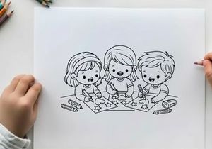 Three kids drawing together vector illustration flat design