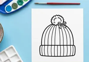 Winter beanie hat with pom pom and bow line art illustration for Christmas coloring page