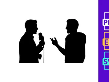 Two men communicating with a microphone and gestures in a simple silhouette preview picture