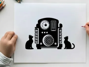 Silhouette of cats and vintage radio on white background silhouette preview picture