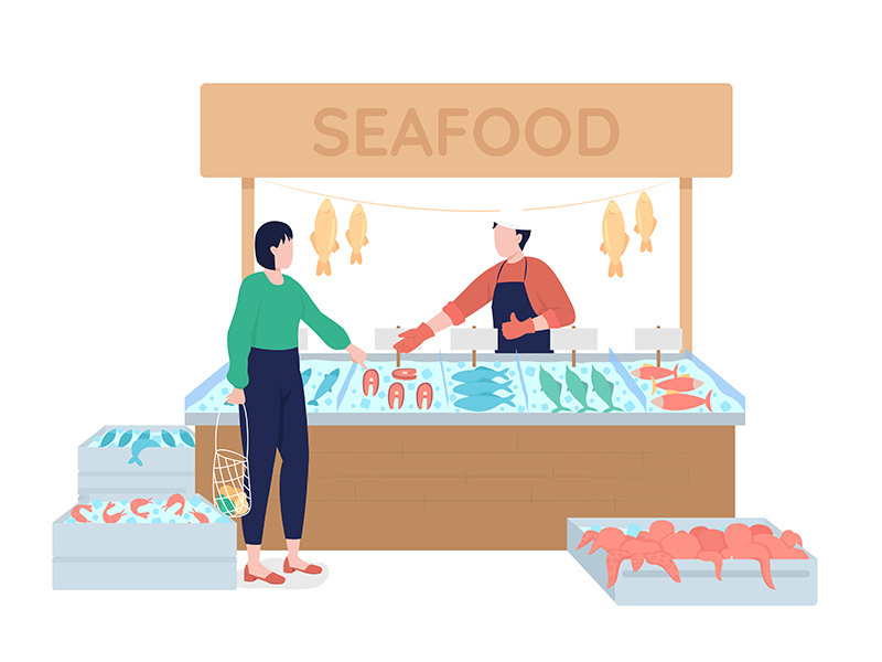 Fishmonger suggests fresh seafood semi flat color vector characters