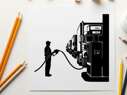 Silhouette of a man refueling a semi truck at a gas station