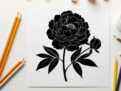 Silhouette of a large flower with leaves and bud