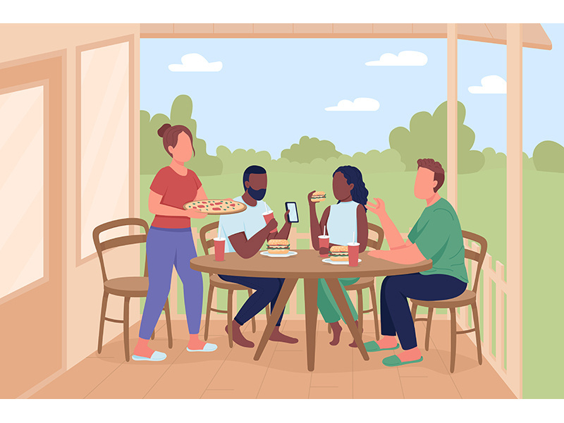 Friends at outdoor dinner party flat color vector illustration