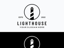 Sea lighthouse tower building creative logo with spotlights vintage vector template.