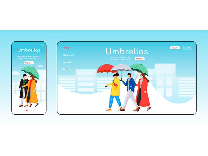 Umbrellas landing page flat color vector template