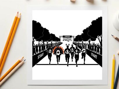 Runners in silhouette approach finish line with crowd and trees