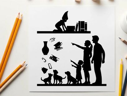 Silhouette of family and child with pets and messy room