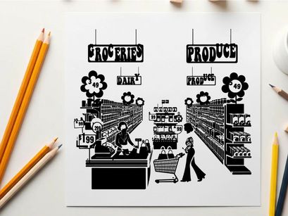 Silhouette of woman shopping in grocery store aisle silhouette