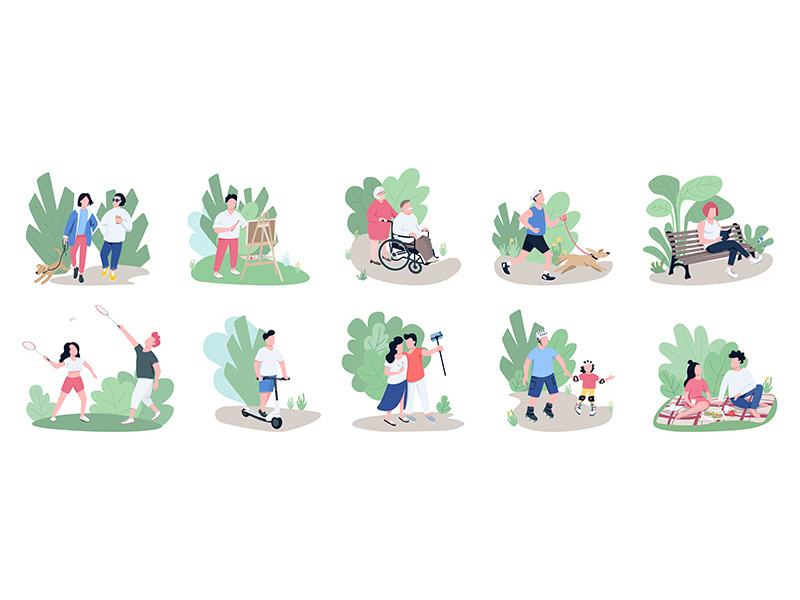 People relaxing outdoors flat color vector faceless characters set