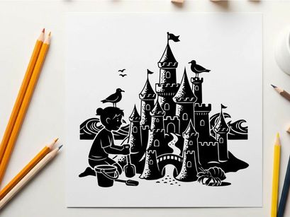 Silhouette of a child building a sandcastle silhouette