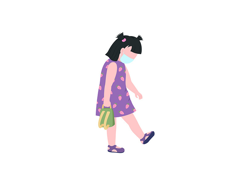 Kindergarten girl in medical mask flat color vector faceless character