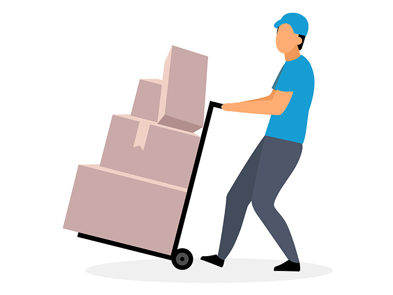 Loader man moving dolly cart flat vector illustration