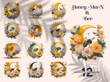Watercolor Floral Honey Moon With Flying Bee And Sunflower, Vector Illustration Isolated In White Background. preview picture