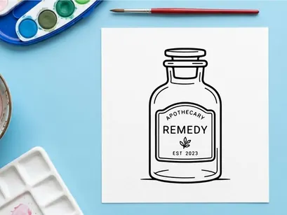 Vintage glass bottle labeled remedy for natural healing solutions. Classic apothecary container with handwritten herbal cure illustration.