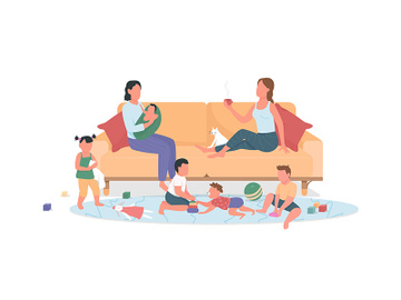 Two mothers with children rest at home flat color vector faceless characters preview picture