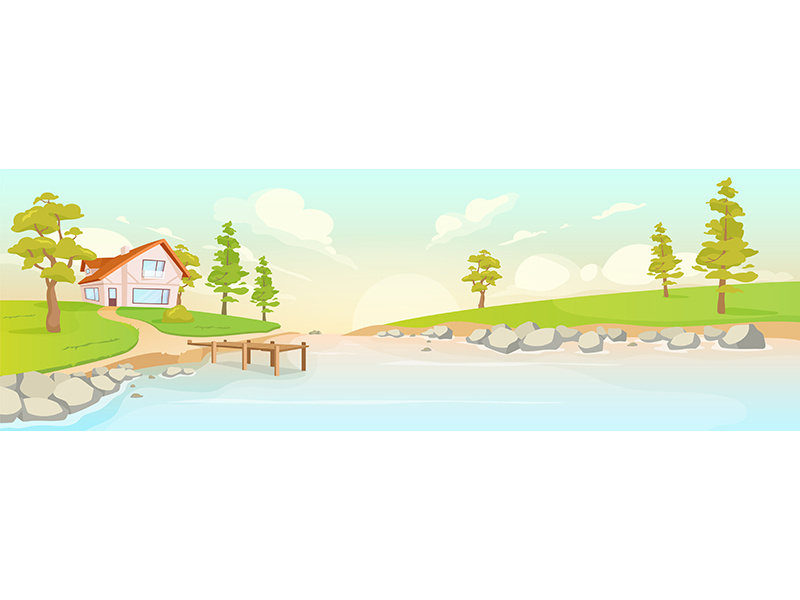 Secluded house on river bank flat color vector illustration