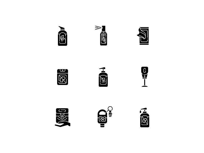 Hand sanitizers black glyph icons set on white space
