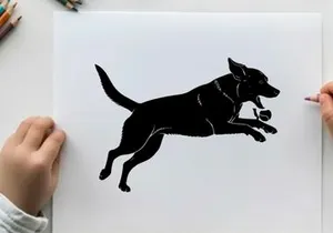 Black silhouette of a dog running quickly to the right