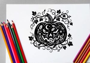 Halloween pumpkin with spooky face and decorative vines for fall decor