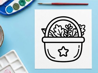 Basket with leaves icon. Simple line art illustration of a container with foliage.