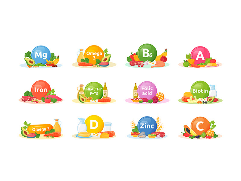 Products rich of vitamins, minerals for health cartoon vector illustrations set