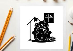 A silhouette of a bear reading a book in a cozy room at night silhouette