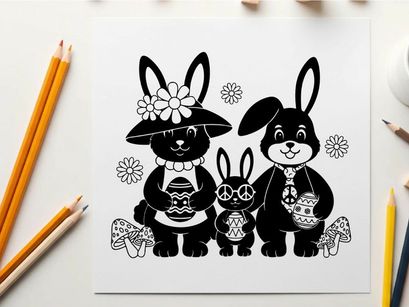 Silhouette of three adorable rabbits with floral accessories