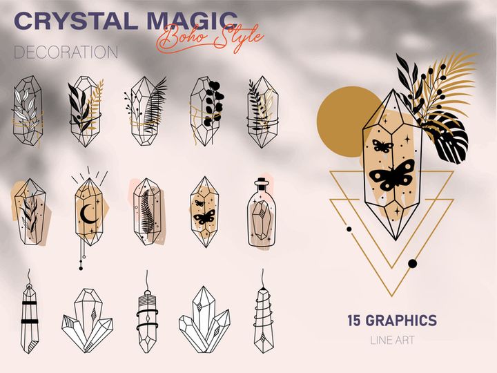 Celestial set. Moon crystal set. Hand drawn lines magic celestial crystals, stars flowers. Mystical boho element