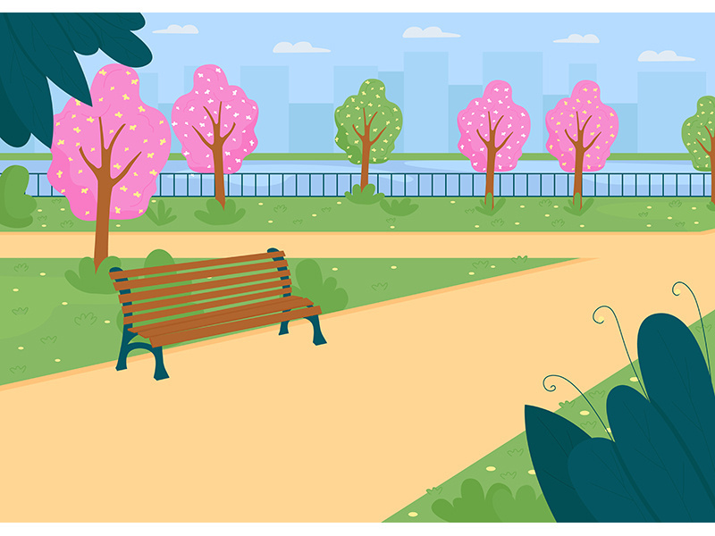 City park near river in spring flat color vector illustration