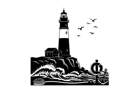 Silhouette of a lighthouse on a rocky coastline with seagulls