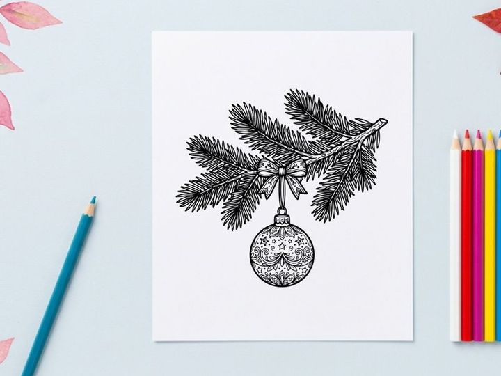 Cabang pohon natal dengan hiasan gantung, ilustrasi sketsa tangan yang digambar.