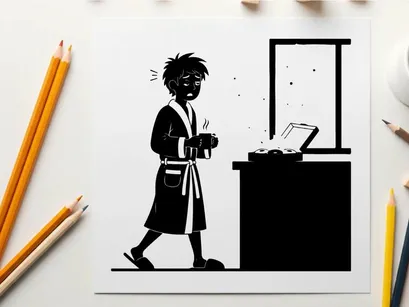 Silhouette of a boy walking past a desk with a laptop