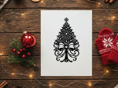 Schwarz-Weiß-Weihnachtsbaum-Illustration mit dekorativem Band und Schleife