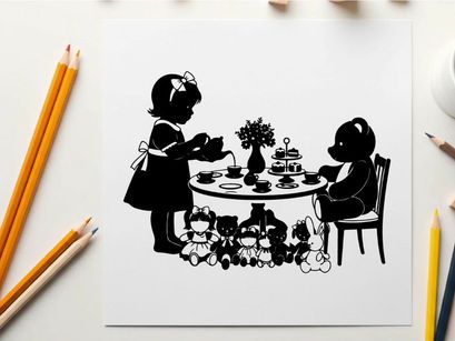 Vintage silhouette of teddy bear and girl having tea