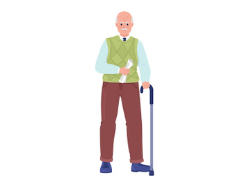Senior man with cane and newspaper semi flat color vector character preview picture