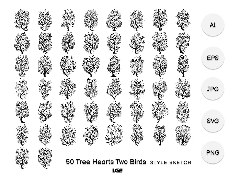 Tree Hearts Two Birds Element Draw Black