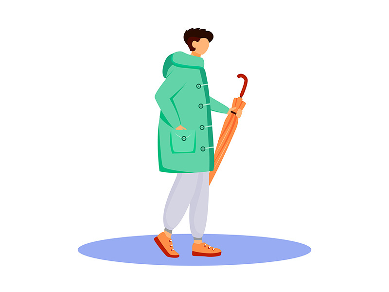 Man in raincoat flat color vector faceless character